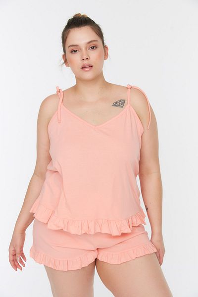 Trendyol Curve Salmon Frill Detailed Strappy Knitted Pajama Set
