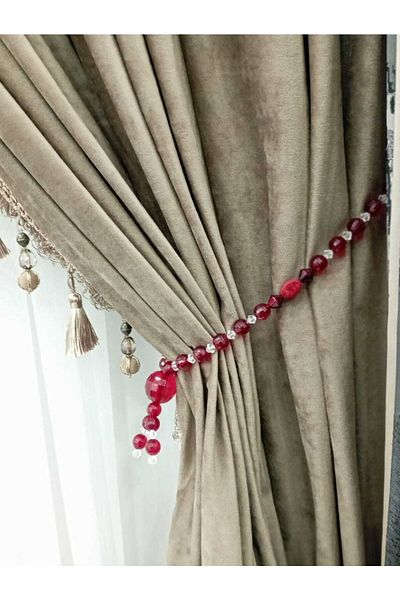 Üçbey Claret Red Curtain Binding with Beaded Curtain Bracho