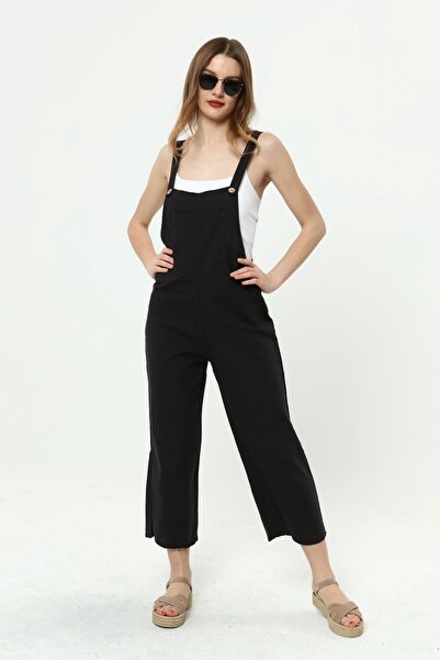 Primaro Siyah Önden Cepli Askılı Ayarlanır Düğmeli Tulum