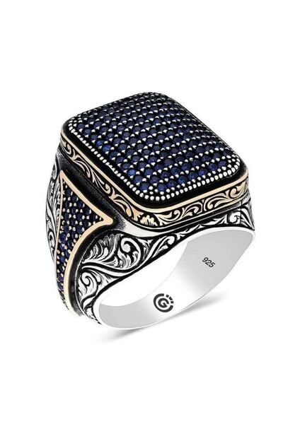 OSMANLI GÜMÜŞ Homero Lacivert Zirkon Yanı Taşlı Işlemeli Özel Seri Erkek Gümü...