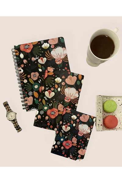 AKILLICA Set of 3 Black Floral Patterned Timeless Agenda and Notebook - Planner and Unlined