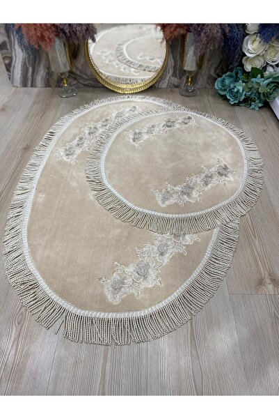 Kumru Çeyiz 2'li Püsküllü Güpürlü %100 Pamuk Halı Taban Banyo Paspası