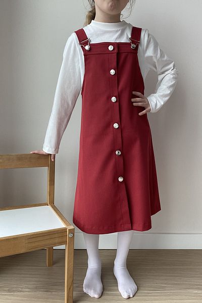 Masnu Çocuk Girl's Dark Red Pocketed Strap Denim Button Gilet Salopet Dress