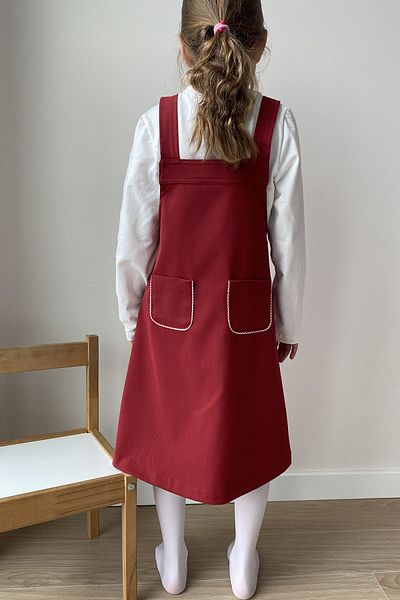 Masnu Çocuk Girl's Dark Red Pocketed Strap Denim Button Gilet Salopet Dress