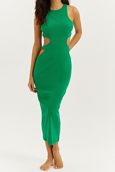 ecemore Γυναικείο Πράσινο Φόρεμα Μάξι Με ντεκολτέ στην πλάτη Pnk-1818