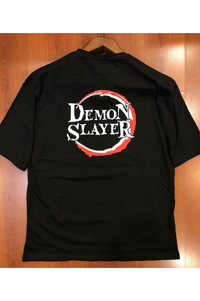Orijin Tekstil Demon Slayer Tanjiro Kamado Front Back Printed Oversize Black Tshirt