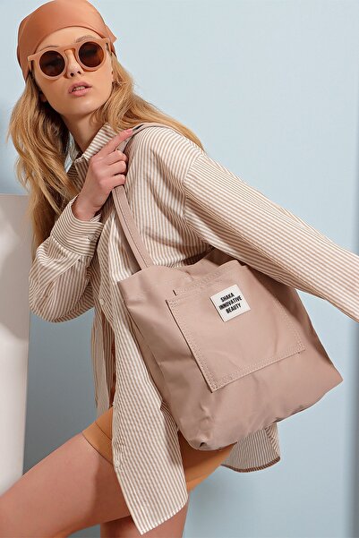 Trend Alaçatı Stili Shoulder Bag - Beige - With Slogan