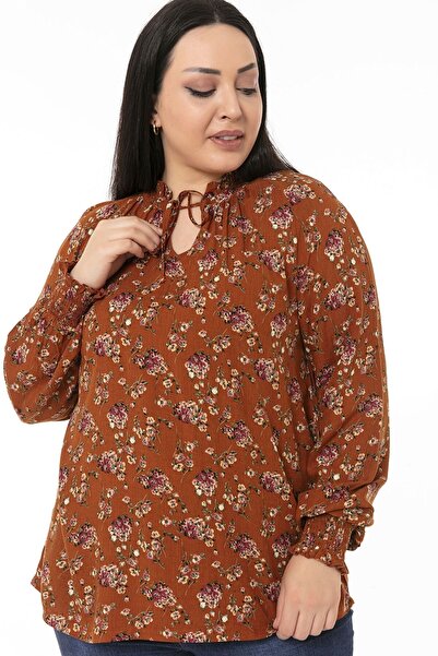 DISENTIS MODEST Plus Size Ruffled Drop Collar Sleeve Mouth Gipped Small Floral Brown Blouse
