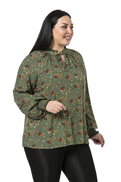 DISENTIS MODEST Μικρή πράσινη λουλουδάτη μπλούζα με βολάν με βολάν και γιακά