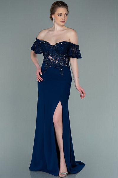 Abiyefon Navy Blue Lace Detailed Boat Neck Long Evening Dress - Backless, Abu2261