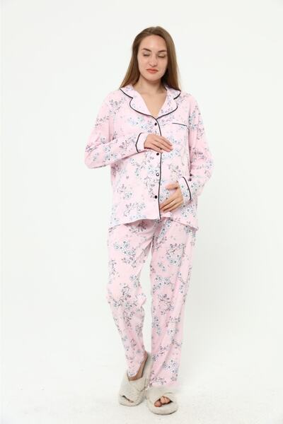 Nehir tekstil طقم بيجامة للحوامل من القطن الممشط بأزرار أمامية مقاس كبير