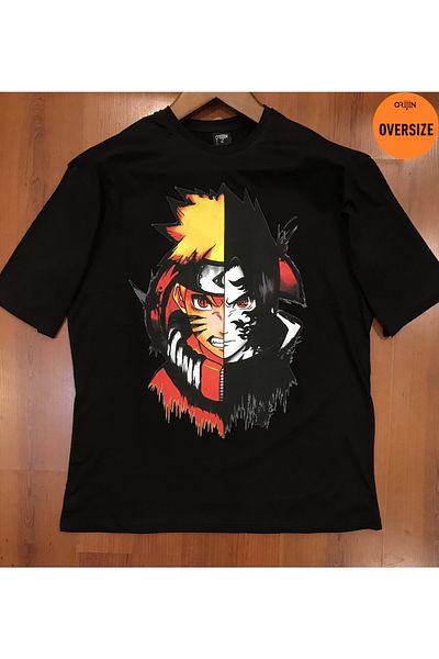 Orijin Tekstil Naruto Two Face Printed Oversize Black Tshirt