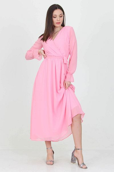 Neşeli Butik Rochie lungă din șifon, cu guler dublu, căptușită în pudră, sezon nou Nb003