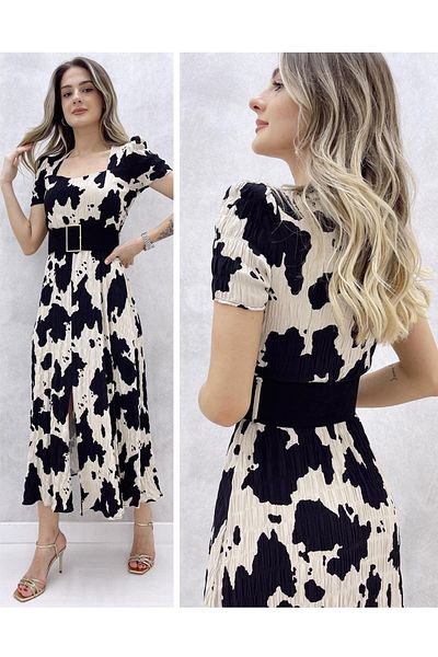 şems fashion Viscose Fabric Full Guiped Belted Maxi Length Dress Long Dress