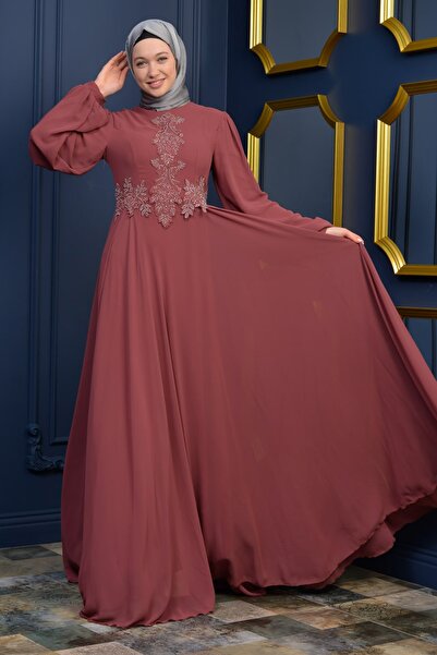 poplinmoda Güpürlü Şifon Tesettür Abiye 3019 Koyu Gül Kurusu