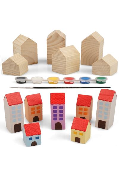 Çağrı Ahşap Dekoratif Peg Kule Ve Şehir Boyama Seti Altı Farklı Boy Ve Boyalı...