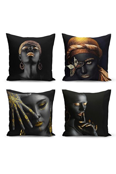 Nish & Royal مجموعة من 4 أغطية وسائد بتصميم خاص للنساء الأفريقيات باللون الأسود