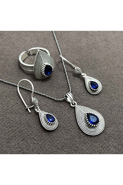 Midyat Nurtaş Gümüş Damla Model Safir Taşlı Gümüş Hasır Üçlü Set