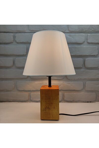 365GUNSERİSONU Teak Rengi Ahşap Kütük Ayaklı Beyaz Şapkalı Abajur Masa Lambası