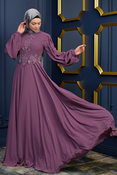poplinmoda Güpürlü Şifon Tesettür Abiye 3019 Lila