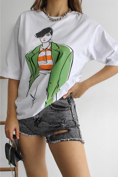 FEMELLE Tricou alb din bumbac imprimat pentru femei