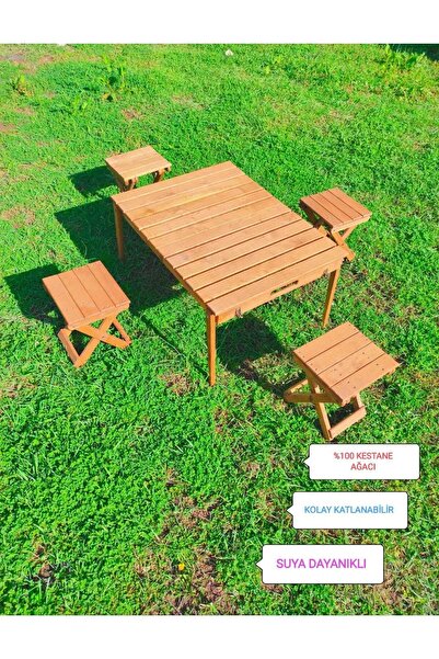 NATURAL WOOD WORKING Ahşap Portatif Piknik Masası 4 Tabureli Ahsap Bavul Masa