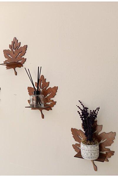 MODAT 3'lü Ahşap Duvar Süsü Rafı Yaprak Mumluk Duvar Dekoru Aplik Tablo Obj