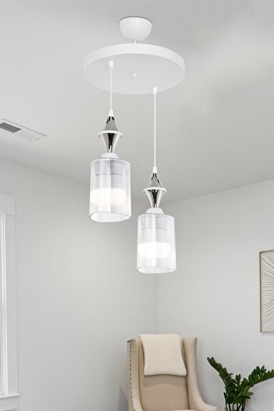 Genel Markalar Axes Beyaz Karo Krom 2 li Üçgen Şeffaf Camlı Avize