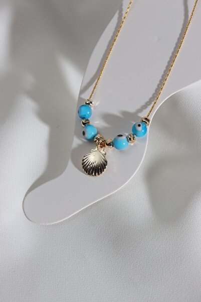 Süspüs Accessories Gold Anklet with Evil Eye Beads and Seashell Tips