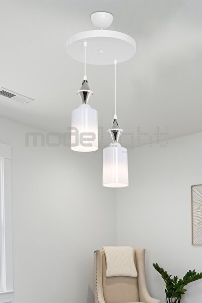Modelight Akses Beyaz Karo Krom 2li Opal Camlı Avize
