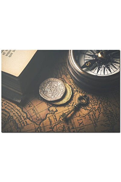 Cakatablo Eski Harita Madeni Paralar Pusula Ve Anahtar (25x35 Cm Boyut)