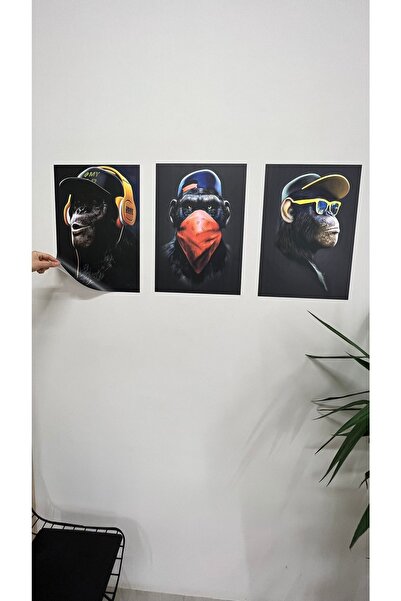 statik kağıt Statik Tutunma Özellikli 3 Maymun Tablo- Poster Hayvan (Model -4)