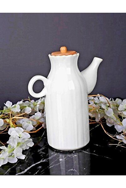 Pembelia Life Bambu Kapaklı Papatya Porselen 1000ml Yağdanlık Beyaz Yağlık