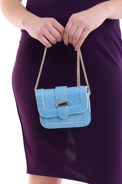 Bagzone Women's Baby Blue Belt Buckle Detailed Covered Chain Strap Mini Croco Bag