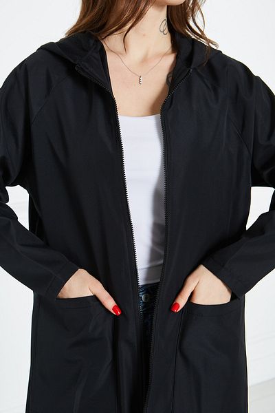 comstar Women's Hooded Water Repellent Zipper Black Long Trench Coat