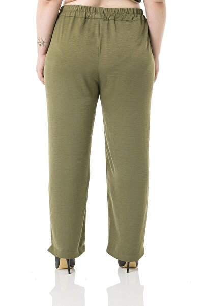 DISENTIS MODEST Linen Aerobin Khaki Trousers - Plus Size, Elastic Waist, Pocket and Slit Leg