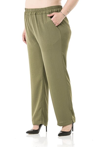 DISENTIS MODEST Linen Aerobin Khaki Trousers - Plus Size, Elastic Waist, Pocket and Slit Leg