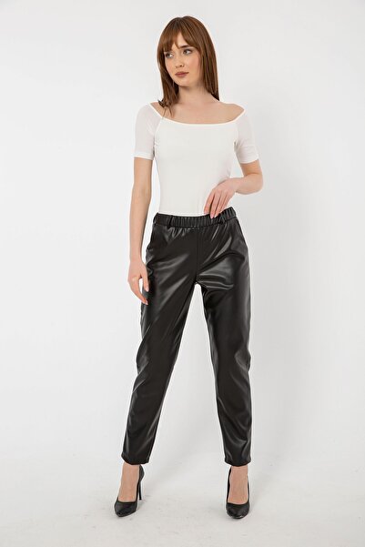 Laranor Μαύρο ελαστικό στη μέση παντελόνι από τεχνητό δέρμα επένδυση fleece με πλαϊνές τσέπες