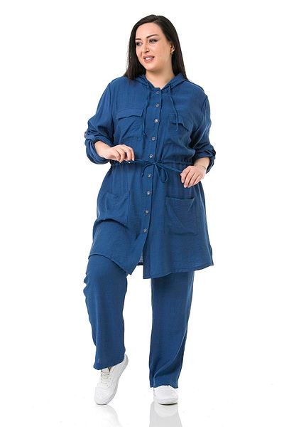 DISENTIS MODEST Large Size Indigo Aerobin Jacket - Hooded, Tunnel Waist, Pockets and Side Slits