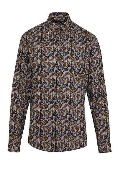 Hatemoğlu Καφέ Comfort Fit εμπριμέ 100% βαμβακερό γιακά με μακρυμάνικο πουκάμισο