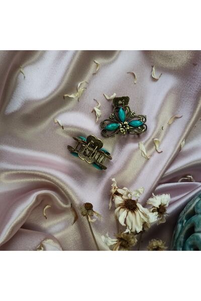 burçin 2'li Vintage Çiçek Taşlı Metal Orta Boy Mandal Toka