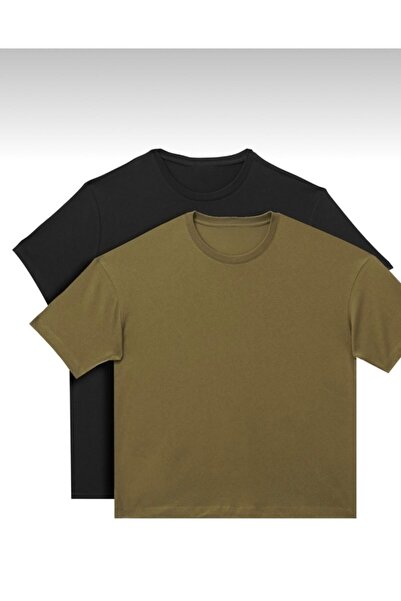 JAKARLI Tricou supradimensionat unisex, 2 piese, negru kaki, culoare militară