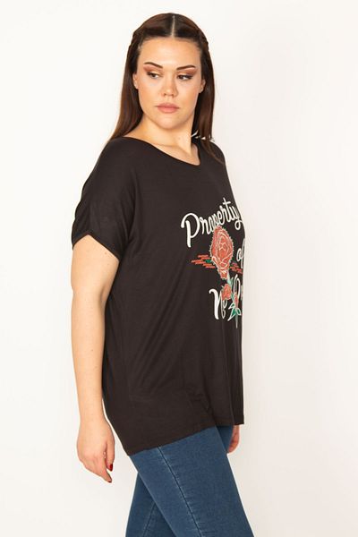 Şans Women's Large Size Black Print Detailed Low Sleeve Blouse 65n22675
