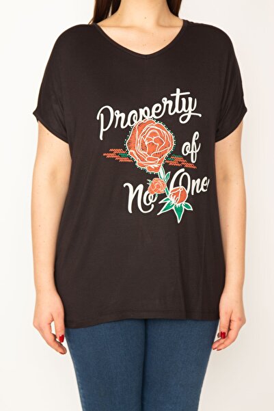 Şans Γυναικεία μπλούζα μεγάλου μεγέθους μαύρη στάμπα με λεπτομερή χαμηλά μανίκια 65n22675