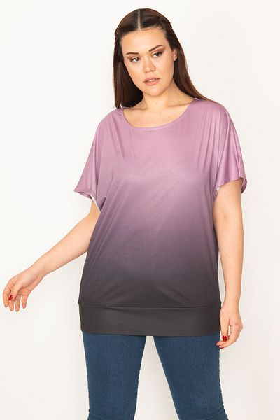 Şans Women's Large Size Lilac Batik Patterned Low Sleeve Banded Blouse 65n22754