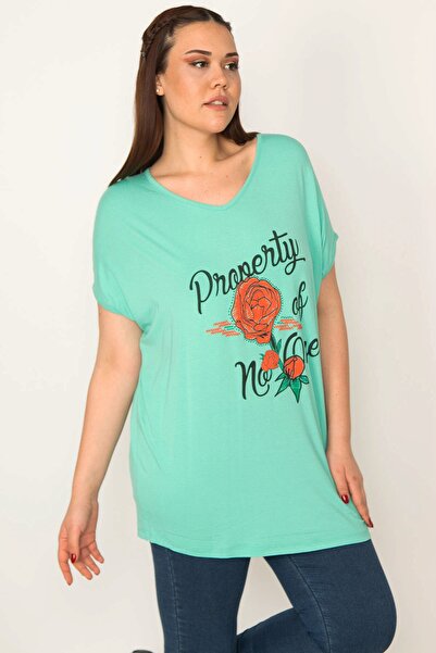 Şans Women's Large Size Green Print Detailed Low Sleeve Blouse 65n22675