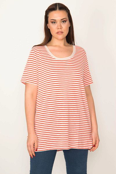 Şans Women's Large Size Red Collar Tulle Detailed Glitter Striped Blouse 65n25649