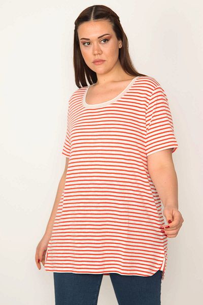 Şans Women's Large Size Red Collar Tulle Detailed Glitter Striped Blouse 65n25649