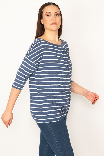 Şans Women's Large Size Indigo Low Sleeve Striped Blouse with Pleat Collar and Elastic Detail at the Hem 65n26434