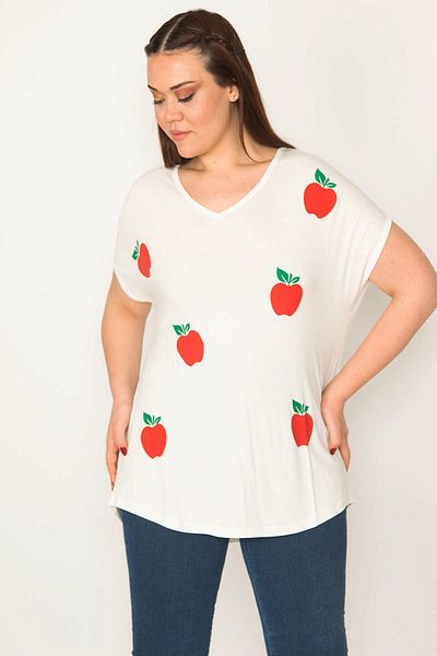 Şans Women's Large Size Bone Printed V-Neck Low Sleeve Blouse 65n27641